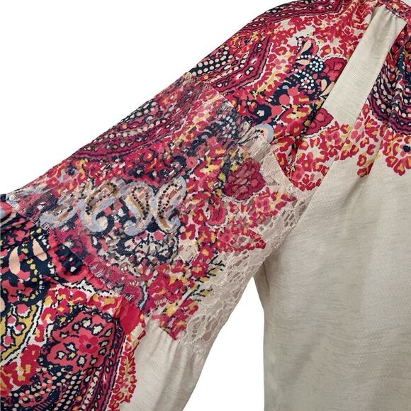 Farmers Market Paisley Lace Trim Balloon Sleeve Peasant Blouse Size L Pink Boho - Picture 6 of 10